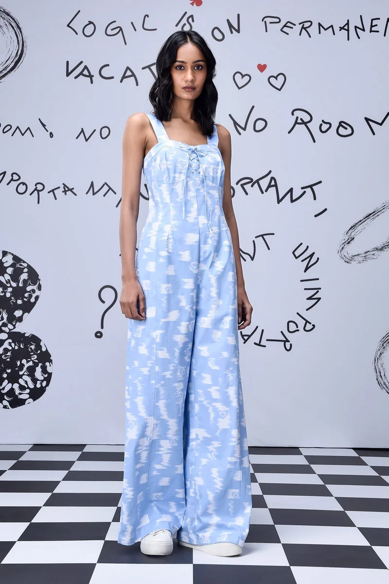 Ikkat Check Relaxed Fit Dungaree- Light Blue